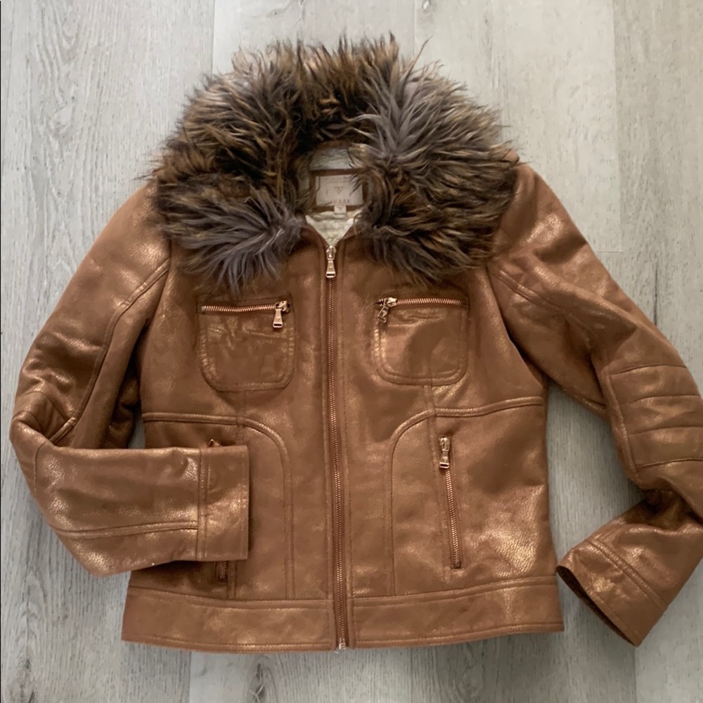 Guess shimmer gold brown jacket faux fur collar gold hardware metallic size M
